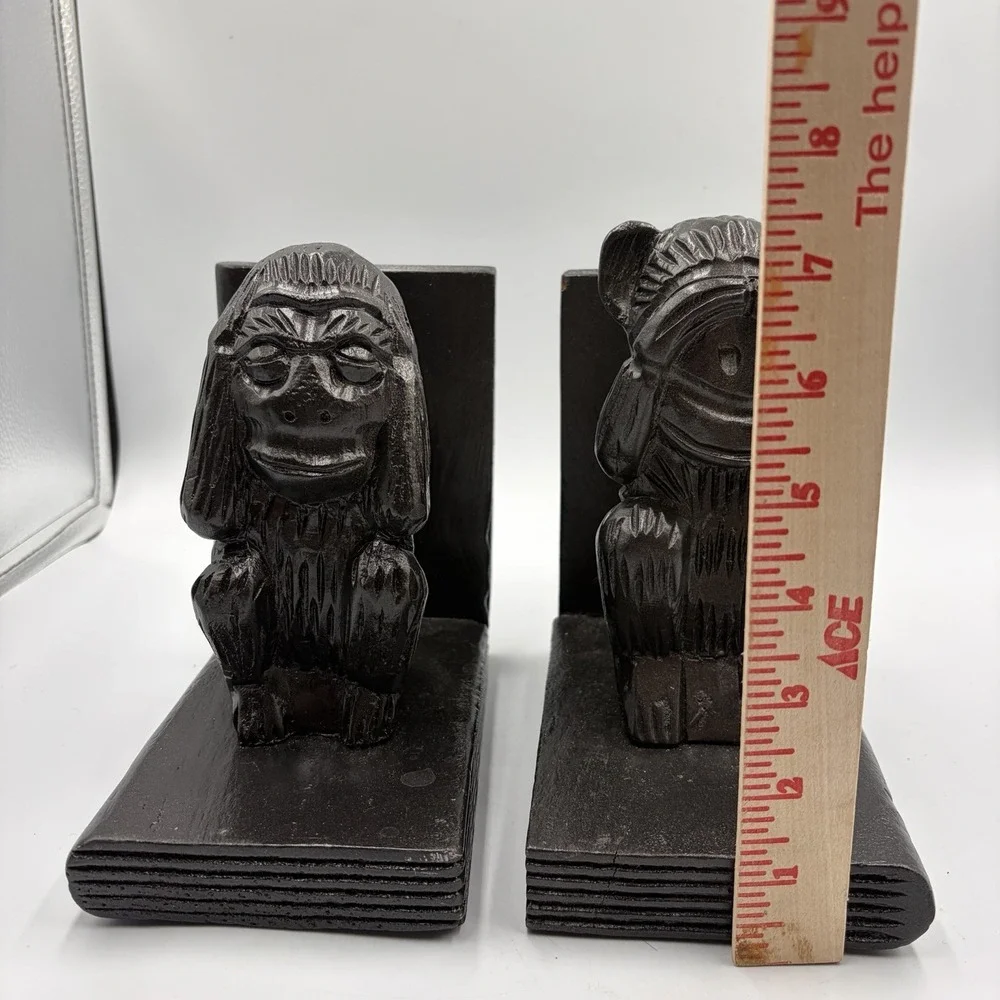 VTG Decorative See No Evil Hear No Evil Monkey Bookend Pair Carved ‎ Rustic MCM